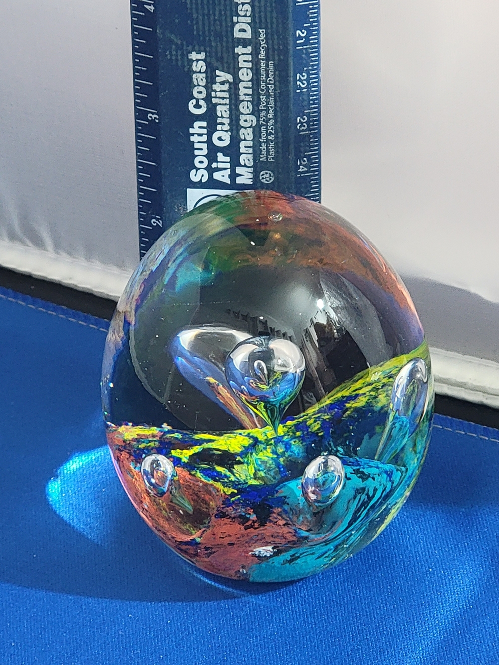 Source Unknown Blue Green Yellow Orange Glass Art Sphere